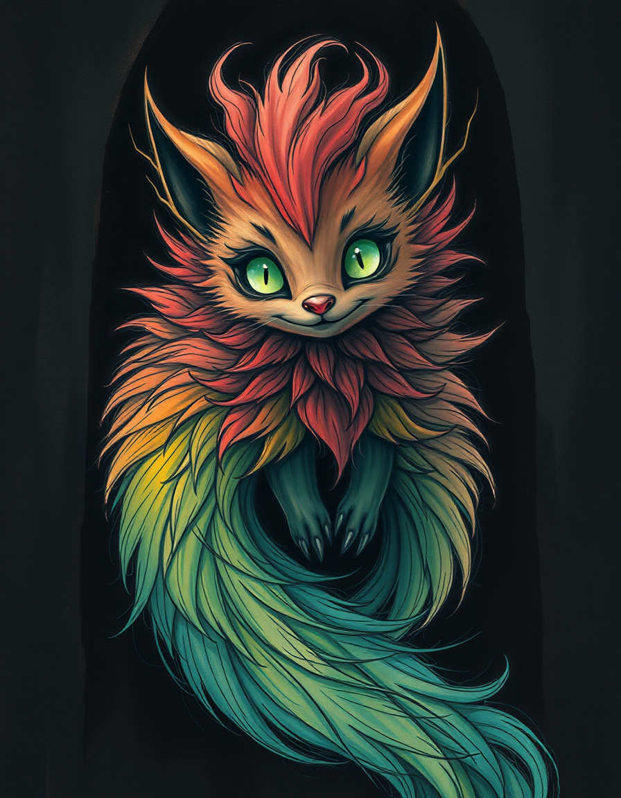 a creature with a big, extremely fluffy body, a very long, flowing tail, and two light green, turquo