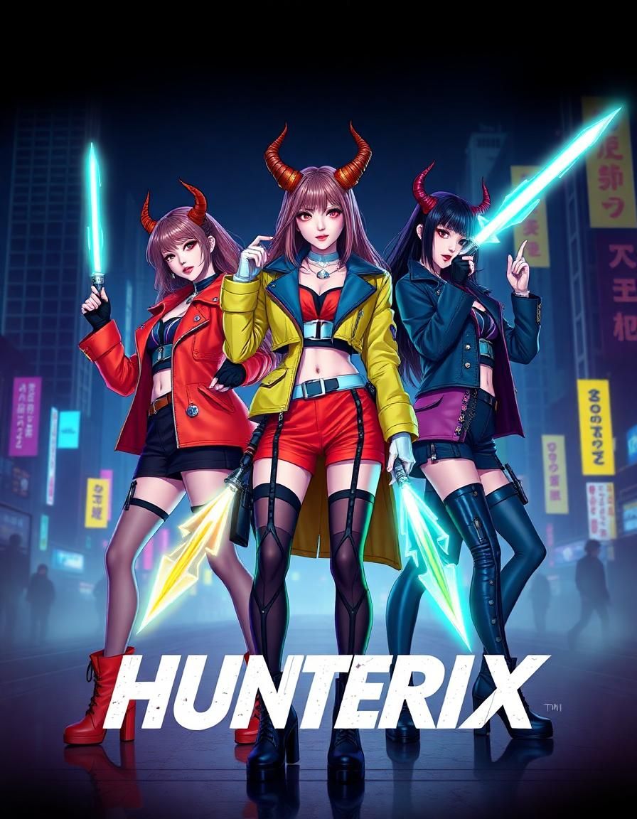 create an image of the huntrix girls from the netflix show kpop demon hunters. depict them as stylish, fierce kpop idols with a supernatural, demon-hunting theme. they should have vibrant, colorful outfits blending modern kpop fashion with fantasy elements like glowing weapons, mystical accessories, and dynamic poses. note that in this depiction, the girls have no horns, focusing on their sharp, edgy idol style instead. the background should be a mix of neon cityscape and dark, mystical aura to reflect their dual life as idols and demon hunters. huntrix, also known as kpop demon hunters, is a fictional k-pop group composed of rumi, mira, and zoey. by day, they are a popular musical act, and by night, they secretly battle demons as a team of hunters. the group is mentored by celine, a former demon hunter who raised rumi.