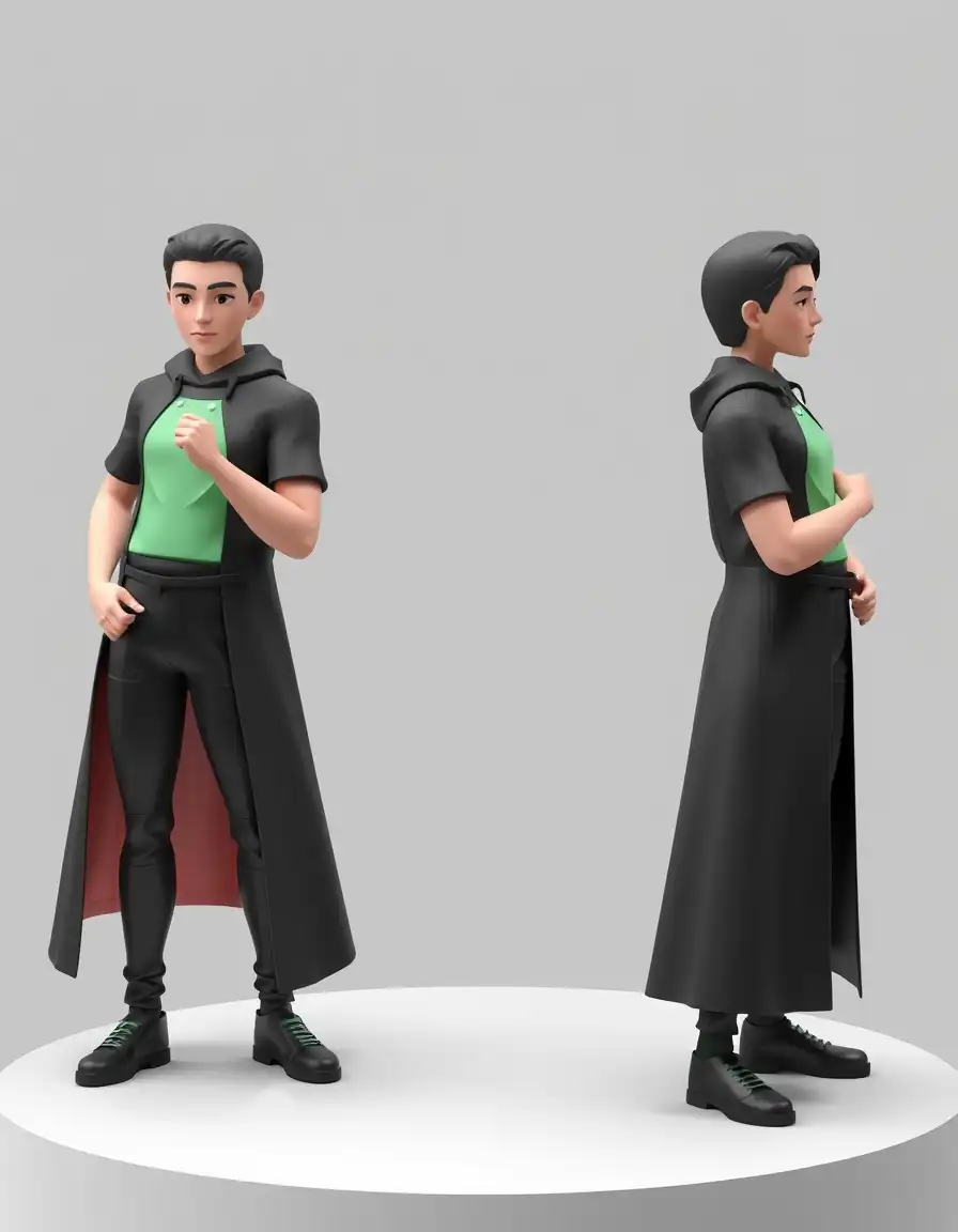A 3D VTuber turnaround in a long dark coat
