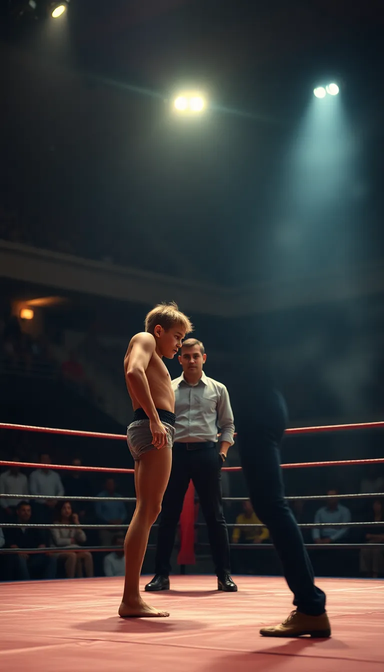 Prompt:
Cinematic martial arts tournament scene, young fighter standing barefoot on a competition mat inside a crowded arena, opponent facing him, referee between them, spotlight lighting from above, crowd blurred in background, dramatic tension, cinematic color grading, ultra-realistic, inspirational sports movie still, 4K