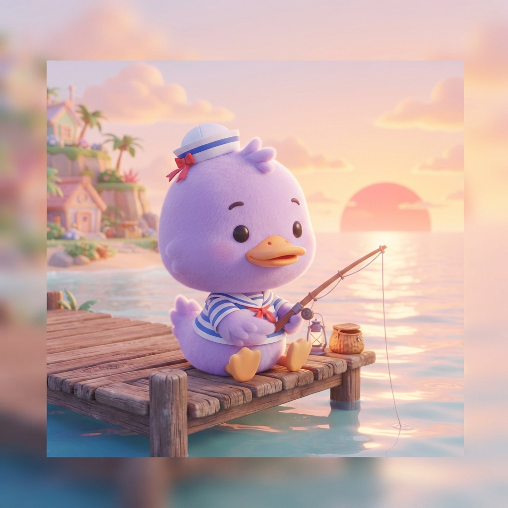 cute round-headed cartoon duck villager character, big head, simple eyes, lavender feathers, tiny sailor hat, sitting on a wooden dock with a fishing rod at sunset, pastel island, chibi 3D toy style, soft lighting, clean soft gradient studio background, vibrant, crisp high detail, digital illustration
