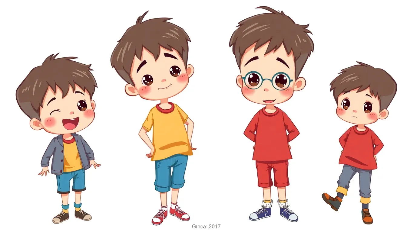 CHARACTER DESIGN SHEET
children character design, cute kid in multiple poses (happy, sad, excited), clean white background, colorful outfit, professional illustration sheet, high detail