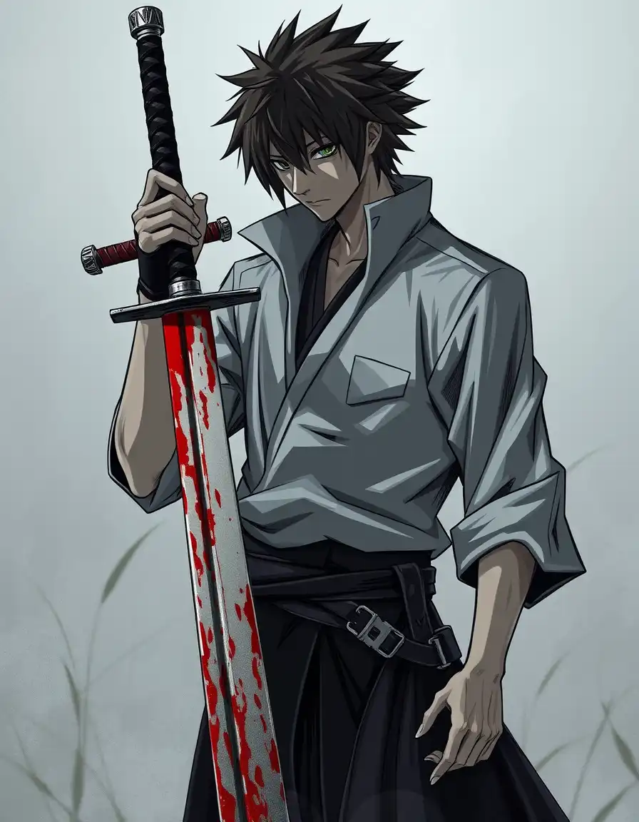 ichigo kurosaki stands firmly, his weathered, worn zanpakuto sword in hand.