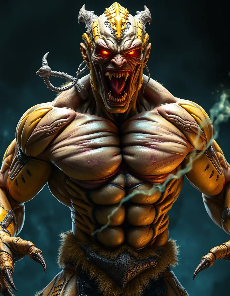 alien-mutated supervillain, hyper muscular human with alien enhancements, glowing veins, predatory expression, roaring, sharp teeth and claws, yellow and gold biomechanical suit with organic fur elements, hybrid human-alien design, comic book art style, dynamic pose, energy aura, cinematic lighting, high detail, intense shadows, 4k, ultra detailed