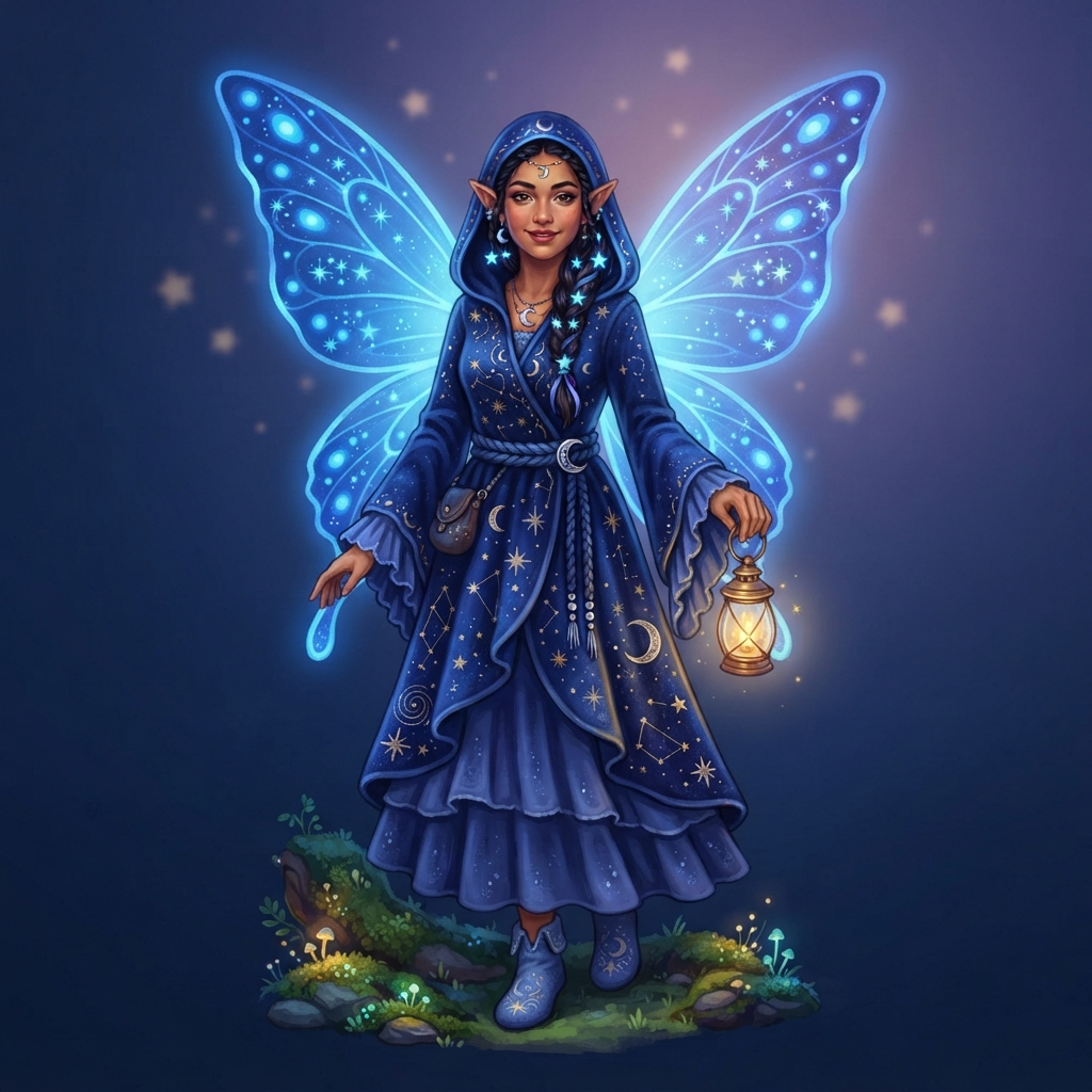 original character design of an adult night fairy fully clothed in a deep blue star patterned robe, glowing blue butterfly wings, tiny lantern, full body standing pose, wholesome storybook style, clean soft gradient studio background, vibrant, crisp high detail, digital illustration, no text, no words, no watermark