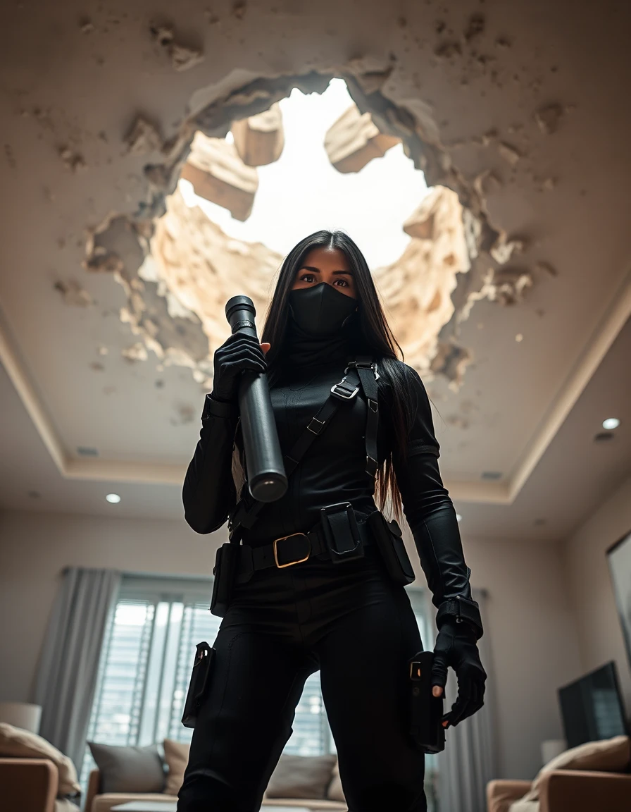 woman holding a bomb detonator in sleek futuristic special‑forces gear with long black sleeves, utility buckles, black stealth mask, long black hair, brown skin, standing at the edge of a crater impact beneath a fractured living‑room ceiling, eye‑level horizon view, neutral perspective with balanced verticals, naturalistic depth, dramatic lighting from below, medium shot from waist to head with 35–50mm lens, conversational distance, balanced subject–environment context, gesture clarity, moderate depth separation, eye‑line alignment
