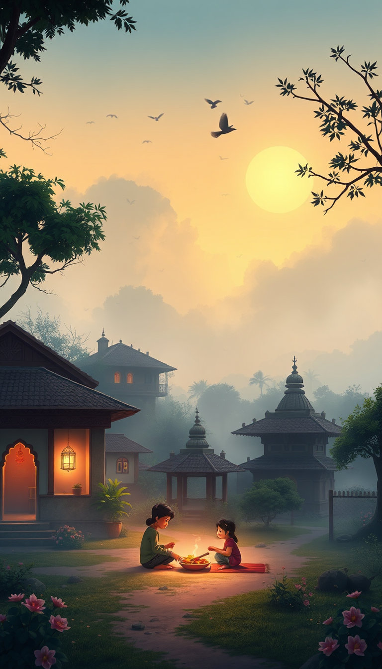 in a serene indian village, set against a breathtaking misty sky, the warm pastel hues of dawn gently unfold, softly illuminating the tranquil rural landscape. the atmosphere is peaceful, with the distant sounds of birds chirping in gentle harmony, as the gentle morning breeze whispers through the lush foliage. the scene is set amidst the vibrant colors of india, with intricate traditional homes, charming temple architecture, and lush greenery, subtly blending with the soft, ethereal quality of the misty atmosphere. a family, surrounded by the serenity of the moment, is captured in a moment of warmth and togetherness, as they prepare a meal in their loving home, with the loving warmth of traditional indian spices and scents filling the air, evoking a sense of simplicity, peace, and everyday life. the gentle, fluid motion of the characters and the soft, warm lighting perfectly capture the essence of this idyllic scene, akin to the masterful storytelling of studio ghibli, yet infused with the unique flavor and character of indian culture.