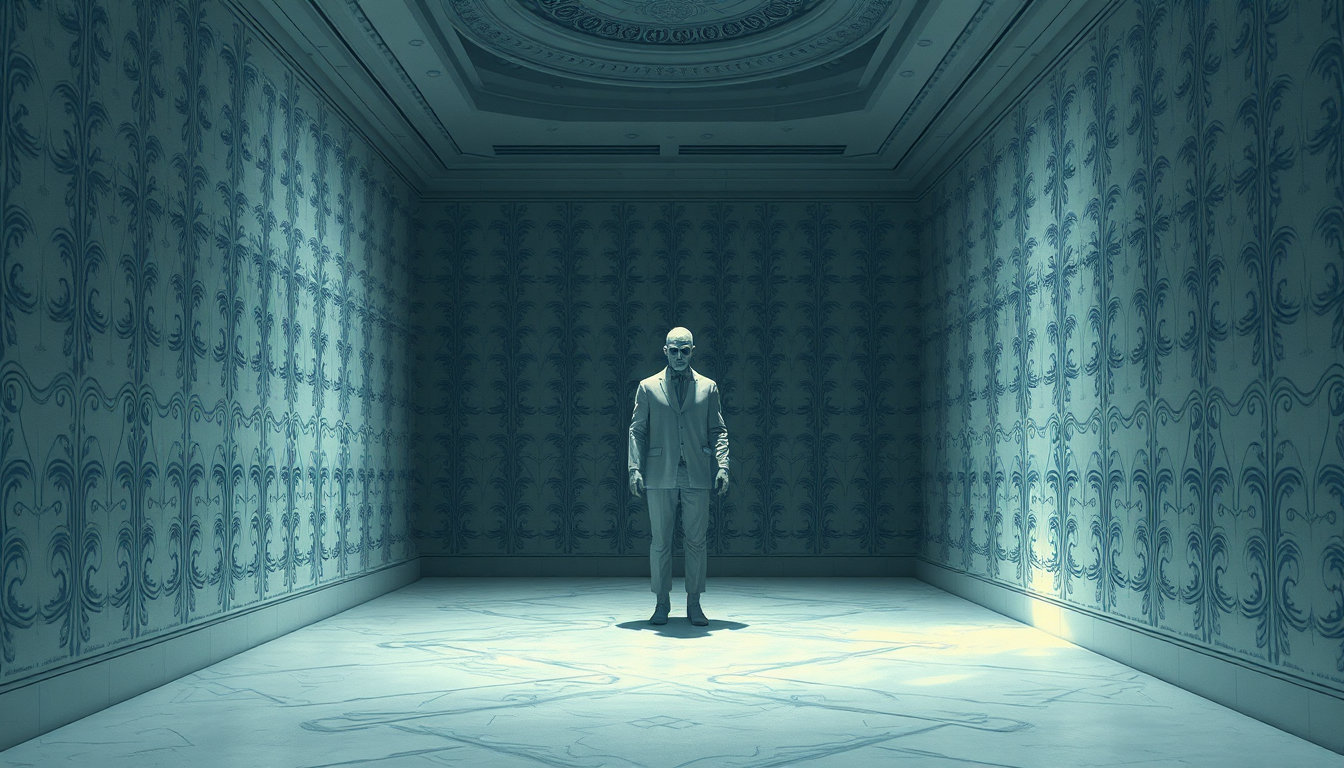 in a hauntingly atmospheric depiction, a dimly lit, eerily clean white room dominates the background, its walls adorned with faint, vintage-style patterns reminiscent of the intricate lines found in 80s graphic novels, evoking the works of master illustrator j.c. leyendecker. the room itself is rendered with hyper-realistic digital oil painting techniques, complete with luminous highlights and subtle texture, as if an expert painter had spent hours perfecting every detail. against this foreboding backdrop, a solitary figure stands frozen in a state of unnerving stillness, surrounded by an air of unease and tension. the figure is a masterful creation, imbued with concept-art quality refinement and meticulously polished to perfection, every aspect of its form and design exudes a sense of timelessness and mystery, its features illuminated by the faint, otherworldly glow emanating from the eerie white environment. the atmosphere is one of hushed, unsettling quietude, heightened by the subtle, high-contrast color palette that imbues the scene with an air of macabre fascination, the overall aesthetic an eerie blend of vintage and futuristic elements, conjuring an unnerving sense of unease and foreboding. a delicate dance of light and shadow, layered glazes and fine brushwork coalesce to create an image that is at once mesmerizing and unnervingly unsettling, a visual representation of a place where time stands still, and the boundaries between reality and nightmare blur.