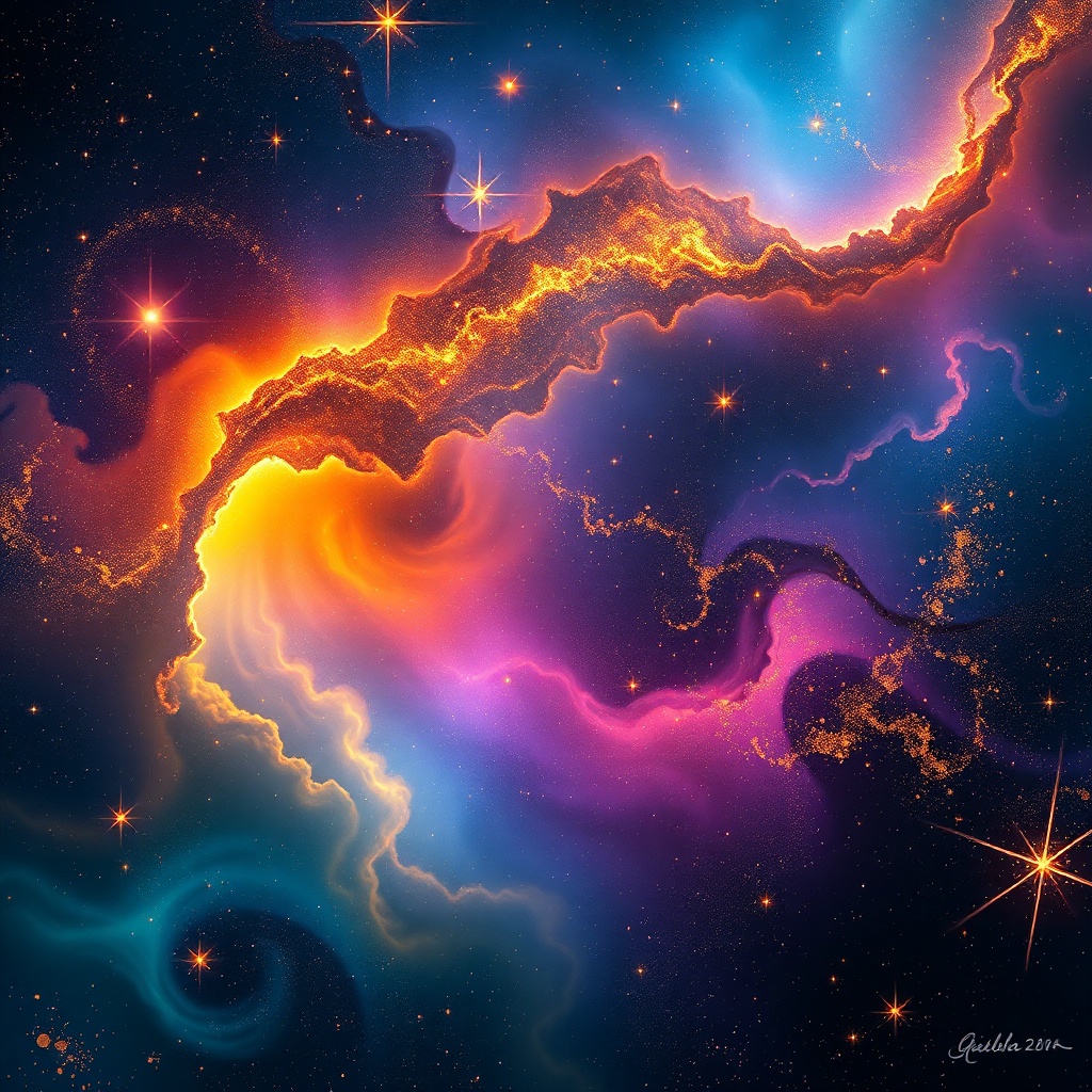in a vast, celestial expanse of deep blues and purples, with swirling clouds of chartreuse gas, a glittering collection of stars and galaxies unfold like a tapestry of stardust. amidst this cosmic backdrop, a vibrant and energetic scene emerges, characterized by a dizzying array of colours: the ink-black darkness of space pierced by shafts of tangerine-hued light, the lemony brightness of distant suns, and the gold accents of celestial debris, shining like treasured jewels against the inky blackness. the background shimmers and glimmers, like the delicate patina on a well-worn gemstone, inviting the viewer to revel in the majesty of this extraterrestrial universe, where the thrum of energetic radiation is felt in every molecule, and the colours swirl and dance like a cosmic waltz.
