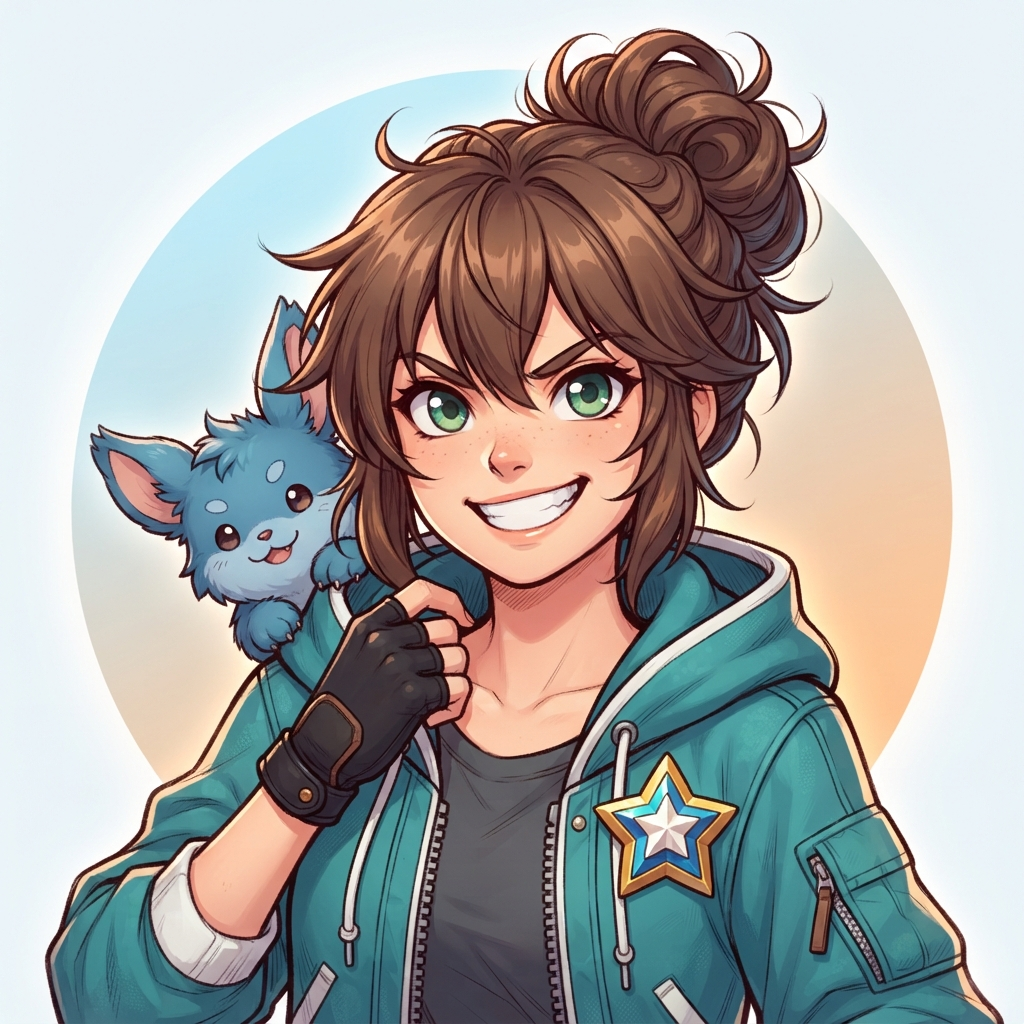original monster trainer girl anime character, close-up avatar portrait, energetic grin, teal jacket with star badge, cute creature companion on shoulder