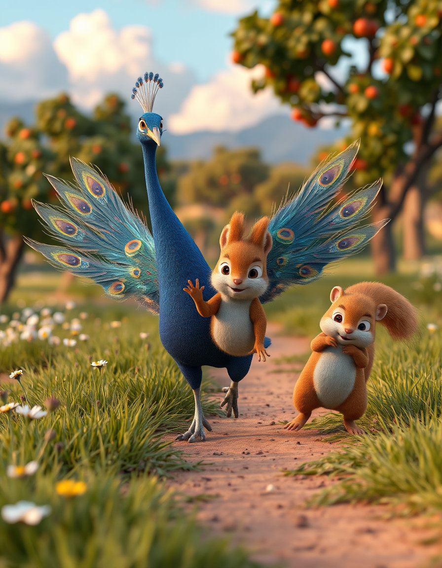 ## Style
- Medium: 3D rendered animation, CGI, digital matte painting
- Technique: Subsurface scattering, global illumination, volumetric fog, ray-traced reflections
- Rendering Approach: PBR (Physically Based Rendering), octane render, unreal engine 5 aesthetic
- Color Treatment: Hyper-saturated, pastel palette, complementary color harmony (blue/orange), high chroma
- Value & Contrast: High-key lighting, low contrast, soft tonal transitions
- Detail Density: High fidelity, intricate feather texture, crisp environmental geometry
- Era / Movement: Contemporary digital art, Pixar-esque 3D animation style, whimsical realism

## Subject
- Identity / Type: Peacock (Pavo cristatus), anthropomorphic squirrel, anthropomorphic chipmunk, anthropomorphic otter
- Pose & Gesture: Dynamic striding pose, open wings, waving paws, expressive body language
- Distinctive Features: Iridescent plumage, eye-spot patterns on tail feathers, large expressive eyes, fluffy tails
- Clothing or Equipment: None, naturalistic attire
- Scale & Proportion: Exaggerated proportions, stylized character design, cartoonish anatomy

## Environment
- Location Type: Lush orchard, fantasy garden, idyllic countryside
- Time of Day: Midday, golden hour transition
- Weather & Atmosphere: Post-rain, clearing skies, misty atmosphere, fresh air
- Foreground Elements: Grassy field, wildflowers, dirt path, blurred foliage
- Background Elements: Fruit-bearing trees, distant mountains, fluffy cumulus clouds
- Architectural or Natural Features: Organic tree forms, natural landscape, no man-made structures

## Mood
- Primary Emotional Tone: Joyful, celebratory, whimsical, enchanting
- Energy Level: High, lively, playful
- Tension or Calm: Calm, harmonious, peaceful
- Genre Association: Children's book illustration, fantasy animation, fable, idyllic pastoral scene

## Lighting
- Light Source(s): Diffuse sky light, volumetric sun rays, rainbow refraction
- Direction: Overhead, slightly angled from above
- Quality (Hard / Soft): Soft, diffused, ambient occlusion
- Color Temperature: Warm daylight, golden hues, cool blue shadows
- Key-to-Fill Ratio / Contrast: Low contrast, even illumination
- Shadow Character: Soft-edged shadows, minimal shadow depth
- Atmospheric Light Effects: God rays, volumetric scattering, rainbow dispersion

## Composition
- Framing & Crop: Wide shot, full-body character framing, panoramic view
- Camera Angle: Eye-level, slightly elevated, frontal perspective
- Subject Placement: Central composition, peacock as focal point, balanced symmetry
- Compositional Rules in Use: Rule of thirds, golden ratio, triangular composition
- Depth Layers: Foreground grass, midground characters, background trees and rainbow
- Negative Space: Sky area, open space around characters

## Texture
- Primary Materials: Feathers, fur, grass, fruit, bark, soil
- Surface Quality: Smooth, soft, velvety, glossy, matte
- Reflectivity & BRDF Character: Anisotropic specular highlights on feathers, diffuse reflection on fur
- Wear, Patina, & Imperfections: Pristine condition, no wear, idealized surfaces

## Camera
- Shot Type: Medium-long shot, wide-angle perspective
- Implied Focal Length: 35mm-equivalent, slightly wide
- Depth of Field & Aperture Feel: Shallow depth of field, f/2.8-equivalent
- Bokeh Character: Creamy, circular bokeh, smooth transitions
- Lens Artifacts: None, clean digital rendering