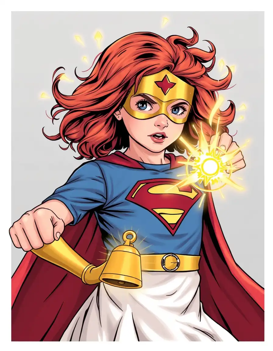 Girl transforming into superhero with sound-wave powers, bell in hand glowing gold, musical energy rings, magical comic transformation.”