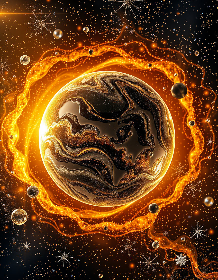 in a majestic, frosted dawn-lit cosmos, a stunning celestial canvas unfolds, where an intricate solar system takes center stage, its luminous beauty born from millions of delicate, swirling, translucent orbs of glass. each glassy entity, crafted with precision and mastery, shines with a mesmerizing luster, as if hand-blown by an artisan of the stars. golden hues of warmth and opulence dance across the galaxy's surface, weaving a tapestry of splendor, while silver tones of sleek modernity and sophistication subtly enhance the cosmic landscape. against this majestic backdrop, crystal clear glass planetary bodies, unadulterated by any aberrations, stand as beacons of celestial wonder, their ethereal beauty illuminated by the soft, silvery glow of distant stars. in this breathtaking, frosted dawn-kissed universe, the solar system's glassy essence shines with an otherworldly splendor, a testament to the infinite beauty that lies beyond our terrestrial realm.