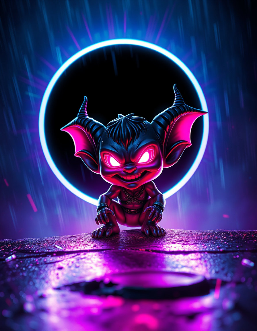 a cyberpunk‑styled tiny imp with glowing eyes, perched in a gothic dark‑fantasy realm, bathed in harsh neon light—cyan, magenta and electric purple halos cutting through deep shadows. the scene glistens with wet, slick surfaces and rain‑slick concrete, chromatic glitch streaks and digital noise framing the imp’s mischievous grin. an eclipse corona forms a perfect black circle surrounded by an asymmetric plasma‑white ring, now edged with neon bleed. twilight‑blue darkness is replaced by saturated gritty palettes, and feathery streamers ripple like holographic ribbons. shallow depth of field keeps the imp’s face in sharp focus while kinetic motion blur hints at chaotic electric overload.