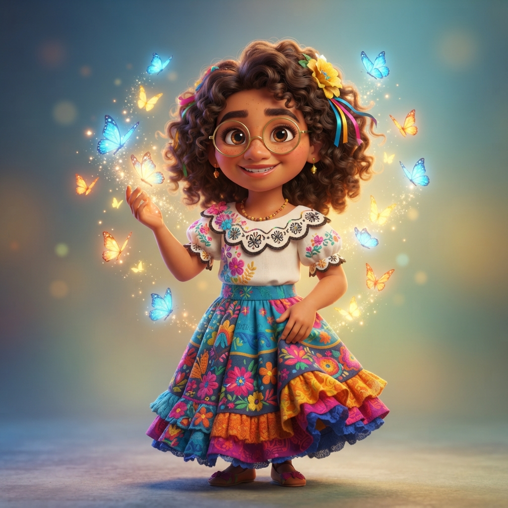 3D animated movie style young Colombian girl with curly brown hair, round glasses, colorful embroidered skirt and blouse, warm smile, glowing butterflies around her, clean soft gradient studio background, vibrant, crisp high detail, digital illustration, no text, no words