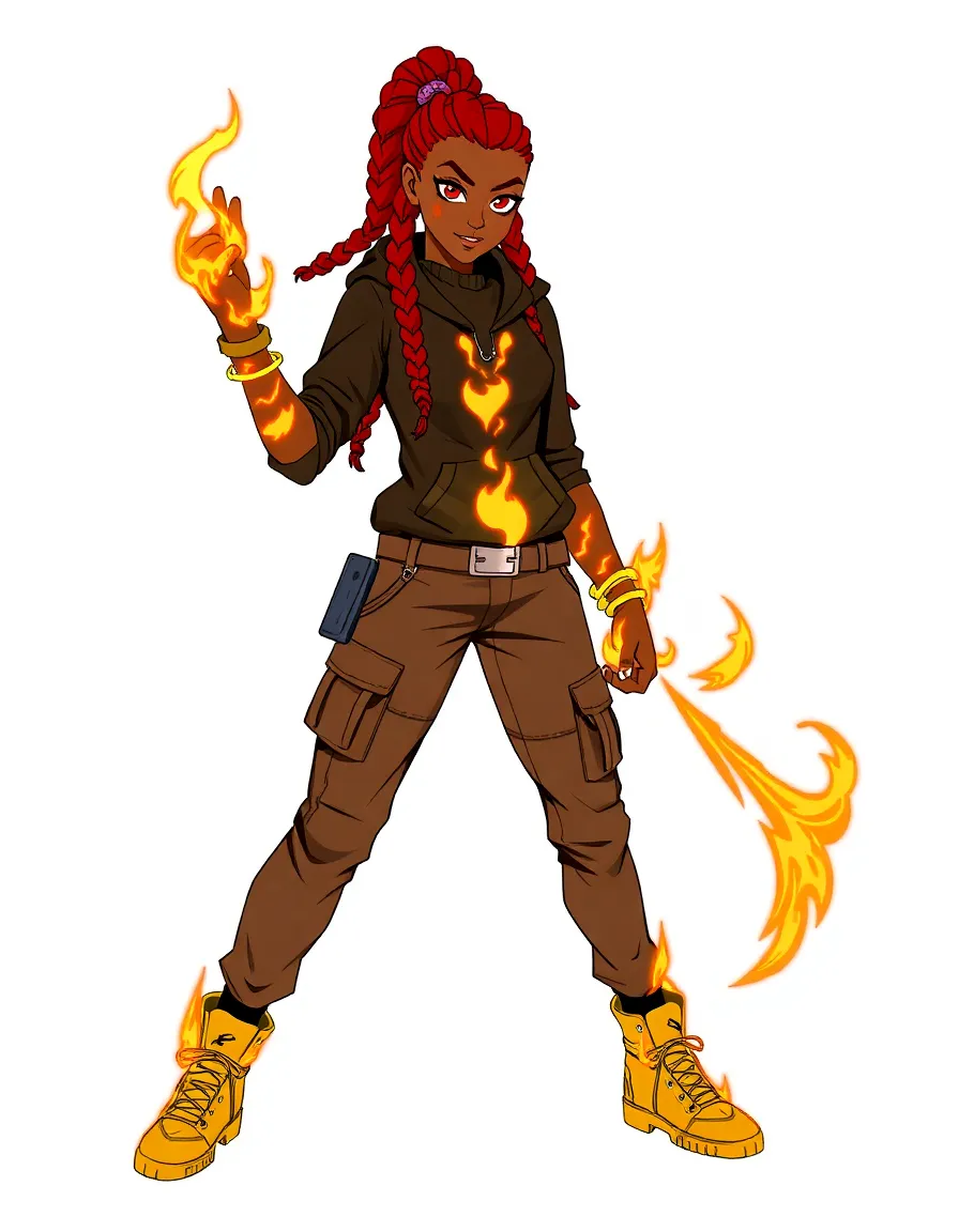 Ignika Blaze (Element: Fire)
- **Age**: 18 | **Gender**: Female
- **Style**: Street-smart, fearless, with red braids that glow when she's angry.
- **Powers**: Pyrokinetic martial arts. Can ignite her fists and feet.
- **Role**: The fighter / big sister of the group.
**Race**: Afro-Latina | **Gender**: Female
- **Powers**: Fire-based martial arts, flame aura
- **Gear**: Ember boots, flame tattoo gauntlets
- **Personality**: Protective, bold, passionate
- **Design Prompt**: Red-braided warrior in urban gear—scorched hoodie with gold flame trim, cargo pants, and glowing red gauntlets. Her braids flicker like fire.