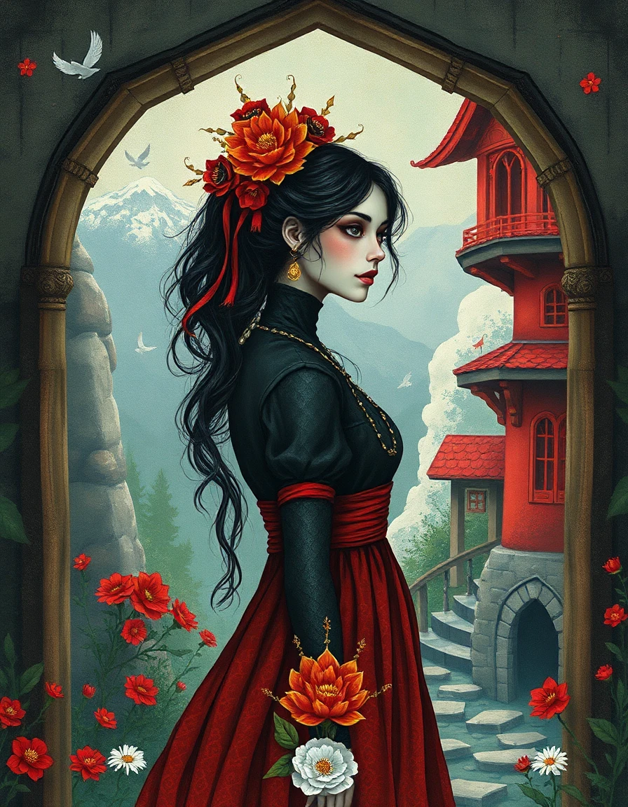 female goth figure with black makeup standing in a dark fantasy fairytale realm of whimsical medieval cottage core, rendered in pahari painting style with vibrant saturated mineral pigments—rich vermilion, deep green, lapis blue, luminous white—flat unmodulated areas, fine precise line drawing, layered spatial bands, stylized architectural and vegetal framing, elegant profile face, miniaturist floral motifs, bold decorative color, clean calligraphic edges, ornamental richness.