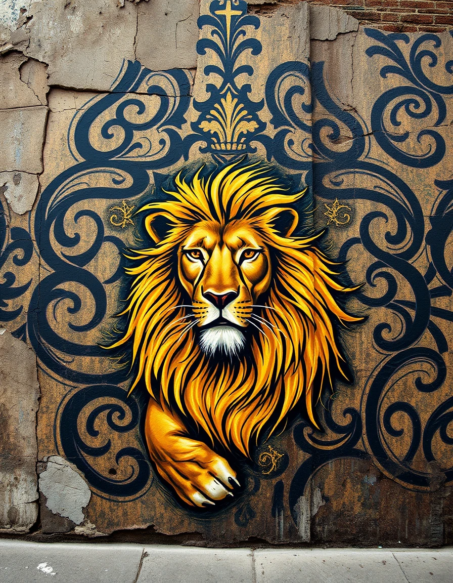 a worn, urban wall, its surface cracked and weathered, becomes the canvas for a majestic, baroque-inspired fresco, where a regal, golden lion, its fur rendered in delicate, swirling brushstrokes, emerges from the vibrant, graffiti-style guilloche pattern, its bold, abstract lines now infused with the grandeur and drama of 17th-century european art, rendered with caravaggio-influenced chiaroscuro lighting, dramatic tenebrism, rich oil paint textures, and a few golden highlights, as if the very essence of caravaggio's masterpieces has been distilled onto this city street, where the lion's powerful presence dominates the composition, its gaze commanding the viewer's attention in a dynamic, organic dance across the frame, where the contrasting elements of color and texture work in harmony to create a sense of opulence and visual grandeur.