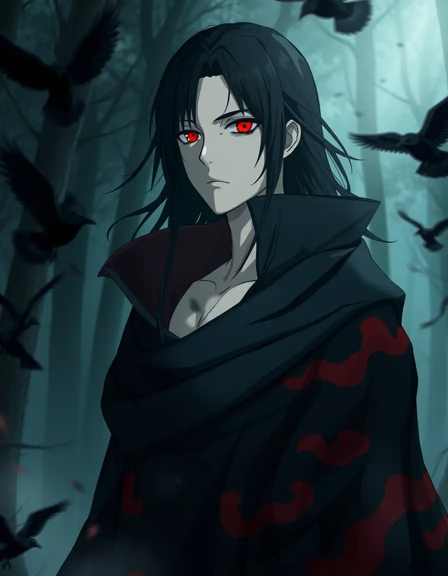 A hyper-realistic portrait of Itachi Uchiha standing in a misty forest at night, red glowing Sharingan eyes, black Akatsuki cloak with red clouds, long black hair flowing in the wind, crows flying around him, calm and mysterious expression, cinematic lighting, dark anime realism, ultra-detailed background, 4K resolution, dramatic atmosphere, anime-realism fusion style.