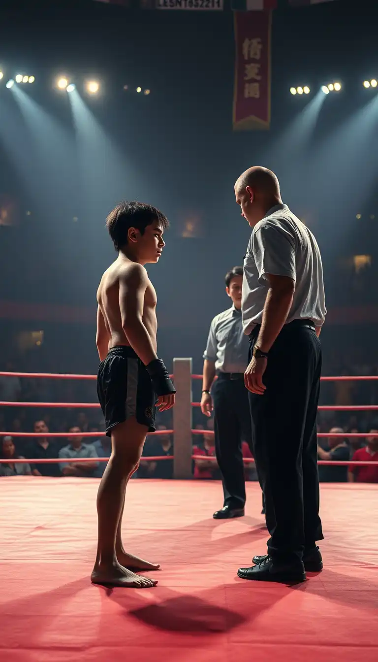 Prompt:
Cinematic martial arts tournament scene, young fighter standing barefoot on a competition mat inside a crowded arena, opponent facing him, referee between them, spotlight lighting from above, crowd blurred in background, dramatic tension, cinematic color grading, ultra-realistic, inspirational sports movie still, 4K