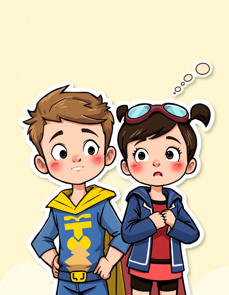 Ukrainian superhero turning into the 2D paper cutout style of Charlie and Lola in the style with the Charlie and Lola background along with Charlie and Lola reacting to the transformation.