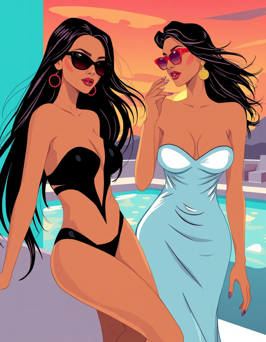 in a vibrant and stylized hed kandi art world, transformed living beings embody the essence of jason brooks' elegant and luxurious illustrations. sleek glamorous silhouettes and sophisticated fashion illustration energy dominate the scene, reminiscent of upscale nightlife. the atmosphere is set against the backdrop of a serene ibiza evening, with soft ambient nightlife lighting casting a warm glow over the chic resort culture.
smooth stylized renderings of skin portray luminous skin tones, minimal shading, and polished graphic finish. elegant faces and features, with almond-shaped eyes and refined cheek structure, are complemented by poised body language and confident movement emphasized through flowing lines. elongated and graceful limbs define the fashion illustration proportions, dressed in stylish beachwear and luxury accessories simplified into elegant graphic forms.
flowing hair and sunglasses add a touch of effortless glamour, as fashionistas lounge and mingle in the sophisticated backdrop of beach clubs, rooftop lounges, cocktail bars, and sunset terraces. a clean modern palette, featuring glossy blacks, creamy whites, sunset oranges, turquoise blues, deep pinks, and champagne golds, sets the tone for a sleek contemporary glamour mood.
the luxurious travel poster feeling and chic resort culture are encapsulated in the ibiza nightlife atmosphere, where upscale vacation vibes and a sophisticated cocktail lounge mood reign supreme. the presence of a lone figure, painted with trembling yellow, serves as a poignant reminder of raw creation and the unbridled energy of this vibrant world. no text elements, symbols, or readable text are present, as the scene is pure and unadulterated hed kandi art.