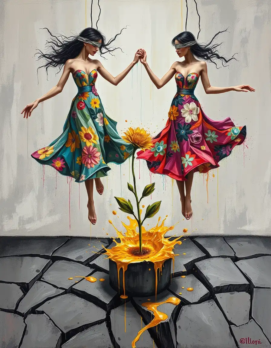 two abstracted female figures in flowing dresses with f… — AI Art | GenTube