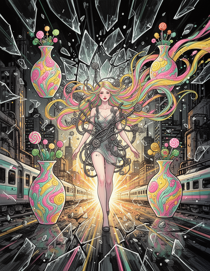 GenTube | a delicate woman amidst vibrant linework stands at the cente...