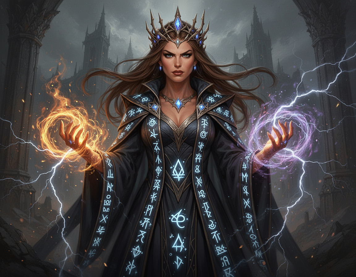 A powerful sorceress queen named Queen Emma, regal and intimidating, standing with absolute authority. Tanned skin, sharp commanding eyes, long flowing brown hair styled like a crown. She wears elegant dark royal robes infused with arcane energy, glowing runes woven into the fabric. Raw magic coils around her hands like living fire and lightning. Her expression is confident, ruthless, and unyielding. Epic fantasy realism, cinematic lighting, ultra-detailed, dramatic shadows, high fantasy character portrait, Dungeons & Dragons sorceress