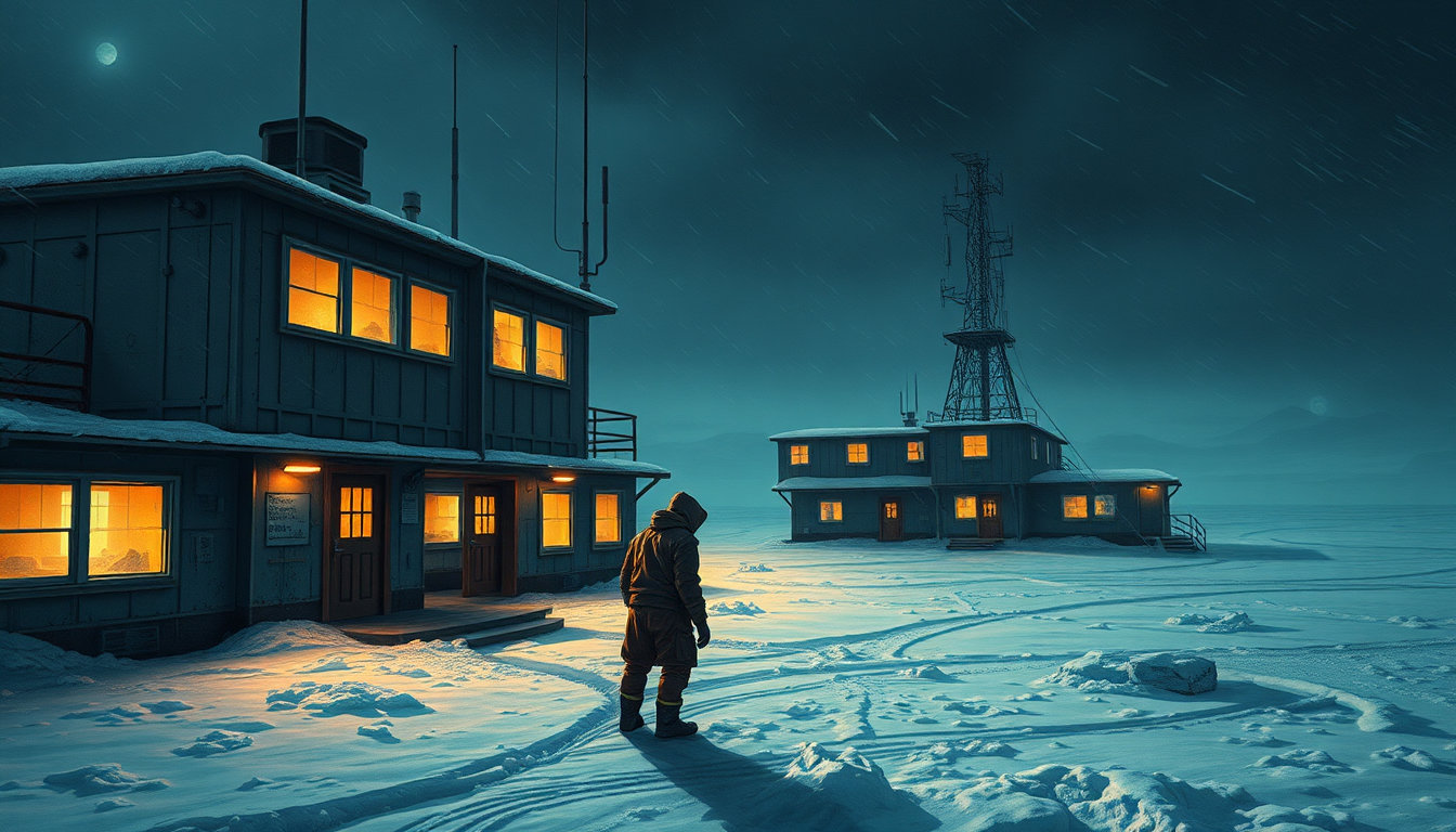 in the foreboding, arctic expanse, a long-abandoned science station stands as a haunting testament to humanity's fleeting presence in the unforgiving wilderness. this forsaken outpost, surrounded by an endless sea of snow and ice, is bathed in the eerie, dark lighting of a perpetual winter night, its only illumination coming from flickering fluorescent lights that struggle to penetrate the oppressive atmosphere. the air is heavy with the weight of neglect and the silence is only broken by the mournful howl of the wind. the station's buildings, once a hub of scientific inquiry and discovery, now stand as a grim reminder of the futility of man's endeavors against the harsh environment, their windows like empty eyes staring back at the viewer, a testament to the transience of human endeavor. every surface is worn and weathered, with a fine layer of frost and ice clinging to the metal and glass, as if the very essence of the arctic air has been distilled onto the structures. the wind whips through the desolate landscape, howling through the empty corridors and corridors of the station, a chilling reminder that it has been years since human footsteps last trod upon this unforgiving landscape. in the midst of this bleak landscape stands the eerie, haunting figure of a lone scientist, huddled against the biting wind, eyes fixed upon some distant horizon, as if searching for a glimpse of hope in a place where none seems to exist. the scientist is rendered in the style of a vibrant, vintage artwork, reminiscent of j.c. leyendecker's iconic depictions, with bold lines, high contrast colors, and a mesmerizing depth that immerses the viewer in the frozen world. the entire scene is bathed in the soft, ethereal glow of a digital oil painting, infused with a tactile painterliness reminiscent of traditional art, complete with textured brushstrokes and rich, layered colors. every detail, from the intricate patterns etched into the metal door handles to the delicate, frost-covered tendrils of a distant antenna, is rendered with breathtaking hyper-realism, drawing the viewer inexorably into the frozen heart of the arctic wilderness. in the distance, a faint hint of a aurora borealis dances across the horizon, a shimmering tapestry of green and blue that seems almost impossibly vibrant against the monochromatic backdrop of snow and ice, evoking the timeless, magical quality of a paintery medium's digital painting.