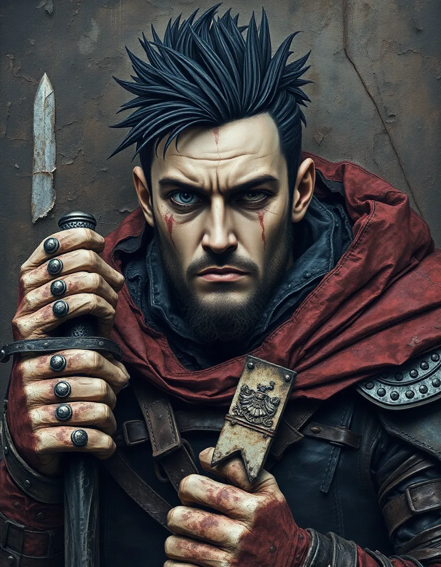 a man in dark fantasy setting, mixed media assemblage style. layered textures from found objects and paper scraps create an emotional artwork. male warrior with a weary gaze, missing one eye, holds an iron sword. he wears worn, dark leather and metal armor with a heavy cloak. a short black spiky hair and a scarred face. inspired by guts from berserk.