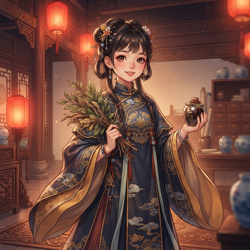 anime girl apothecary in an ancient chinese imperial palace, court robes with wide sleeves, freckles, holding dried herbs and a small medicine jar, red lantern light, clean soft gradient studio background, vibrant, crisp high detail, digital illustration, no text, no words