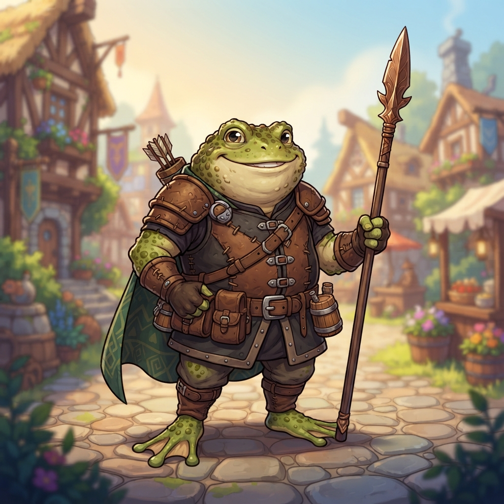 original anthro toad warrior character, leather armor and spear, cartoon fantasy village style