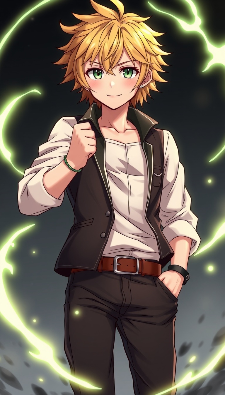 Meliodas, chef des Seven Deadly Sins, petit mais athlétique, cheveux blonds courts en bataille, yeux verts pétillants, sourire espiègle mais déterminé, gilet noir ouvert sur chemise blanche, pantalon sombre et bottes, posant de façon dynamique avec Full Counter activé, éclairs dorés et tourbillons d’énergie lumineuse autour de lui, ambiance épique et cinématique, ultra-détaillé, style anime réaliste, 8K, aura de leader charismatique.