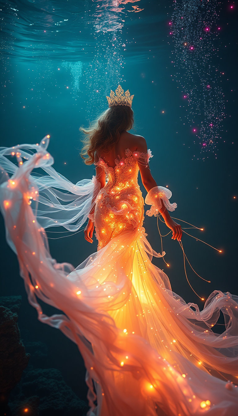 in a serene and tranquil subterranean realm, illuminated by the soft luminescence of bioluminescent particles, a majestic underwater queen reigns supreme. her gown, a masterpiece of intricate design, is crafted from delicate coral and adorned with jellyfish-inspired fabric elements that shimmer and glow with an ethereal light. the flowing threads of her garment resemble the wispy tendrils of ocean plankton, as if the fabric itself is alive and pulsing with a gentle, otherworldly energy.
the deep sea ambiance is palpable, a sense of weightlessness and freedom pervading the air. the vibrant cyan-violet-magenta-gold bioluminescent accents that dance across the queen's gown and the surrounding waters cast a kaleidoscope of colors across the dark blue-green palette, punctuated by radiant pink and pearl-white glows that seem to emanate from within the very essence of the sea itself.
as she moves, the light from her gown creates prismatic reflections that shimmer and sparkle like diamonds, casting an iridescent glow across the surrounding waters. her elegant crown, crafted from luminous crystals that refract and reflect the light in dazzling patterns, seems to hold the very essence of the ocean's magic within its delicate, crystalline structure.
the cinematic lighting of the underwater scene is soft and dreamy, with warm, golden tones that evoke a sense of wonder and enchantment. the fashion illustration is ultra-detailed, with each element of the queen's gown and each bioluminescent particle carefully rendered in a multi-hued luminous gradient that seems to shift and change as the eye moves.
despite the vibrant colors and intricate details, the overall effect is one of serene and peaceful beauty, as if the very essence of the ocean has been distilled into this one, perfect moment. the atmosphere is quiet and contemplative, a sense of stillness that belies the vibrant energy and life that pulses through every element of the scene.