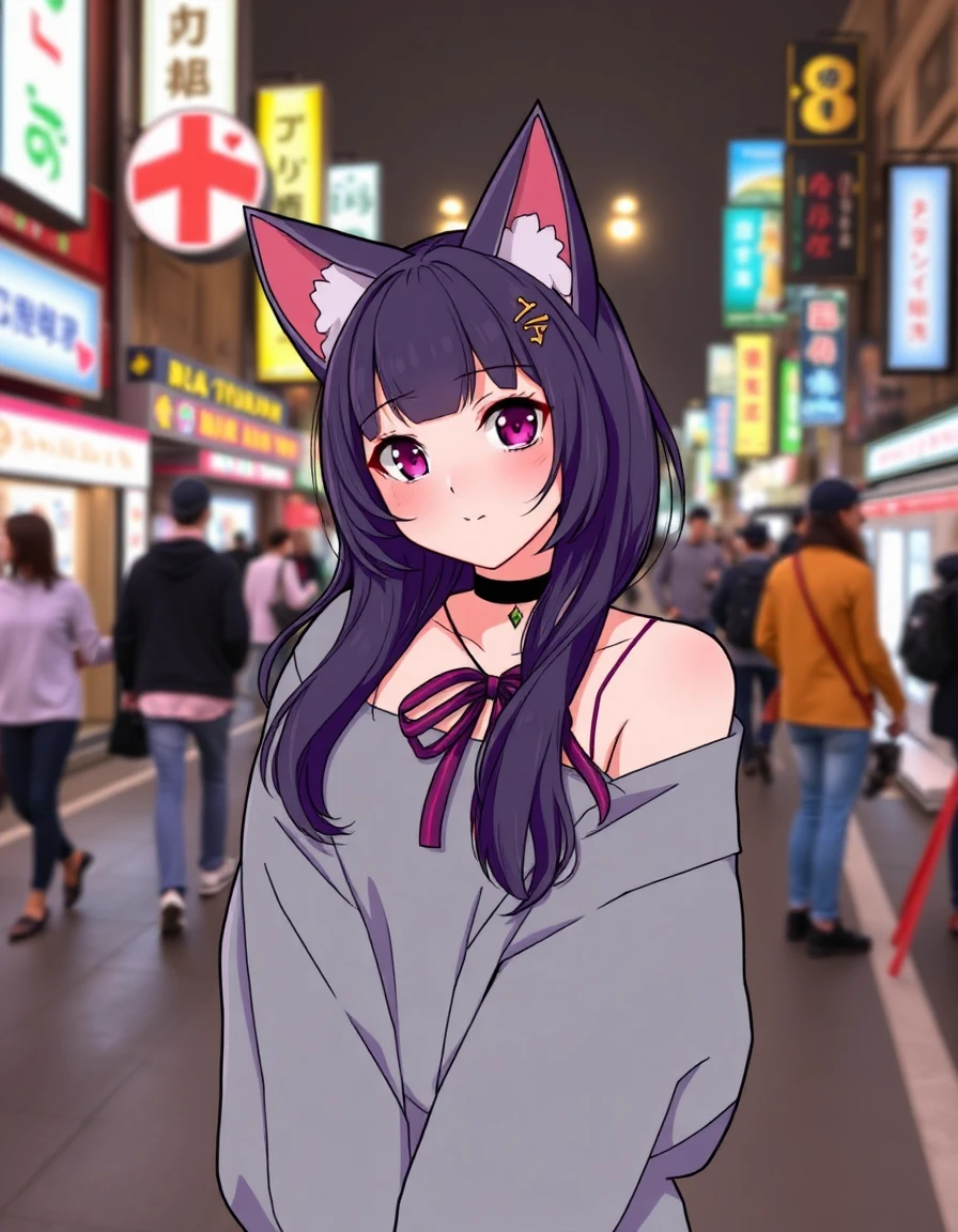 A cat-eared VTuber standing on a neon-lit city street at night