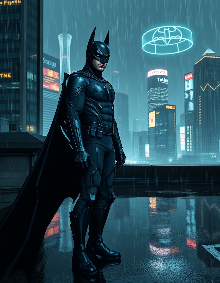 a dark and gritty scene for the caped crusader.
a cyberpunk anime noir style "batman dressed in a black and dark blue cyberpunk-inspired suit on a rain-soaked rooftop with city skyscrapers behind, the wet roof reflecting the neon glow of hovering holographic advertisements."