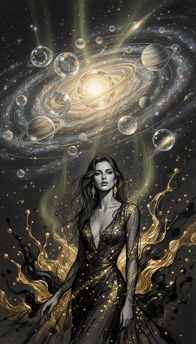 in the depths of a boundless, starry cosmos, a majestic, luminous galaxy unfolds, teeming with celestial wonders. amidst this ethereal tapestry, a regal solar system rises, crafted entirely from delicate, swirling, translucent hand-blown glass orbs that refract and reflect the cosmos' kaleidoscopic light. every glassy planet, moon, and comet is rendered in crystal-clear glass, polished to transparency without a single aberration, as if forged by the finest glasswork artisans in the galaxy. against the inky blackness of space, the solar system radiates a stunning aura, like a glittering, gemstone-studded masterpiece of glass artistry. golden, auroral hues flicker across the glassy expanse, imbuing the scene with an otherworldly essence, as if infused with the golden essence of stardust. in the foreground, a surreal, abstract fashion portrait emerges, its subjects shrouded in an aura of mystery. their forms are defined by intricate, black ink strokes speckled with gold glitter, like the strokes of a master artist. the background of the portrait dissolves into a dynamic, splashing liquid gold and black fluid art, evoking the swirling, cosmic sea that surrounds the solar system. the overall effect is one of hyper-detailed, luxury noir style, with the glassy expanse of the solar system and the abstract fashion portrait existing in harmony, like two complementary facets of a precious gemstone. the style is a seamless blend of mixed media illustration and photography, with gold foil textures embedded throughout, adding an air of elegance and sophistication. every detail, from the intricate glasswork to the subtle, nuanced shading, is rendered in 8k resolution, as if plucked from the very fabric of reality itself.