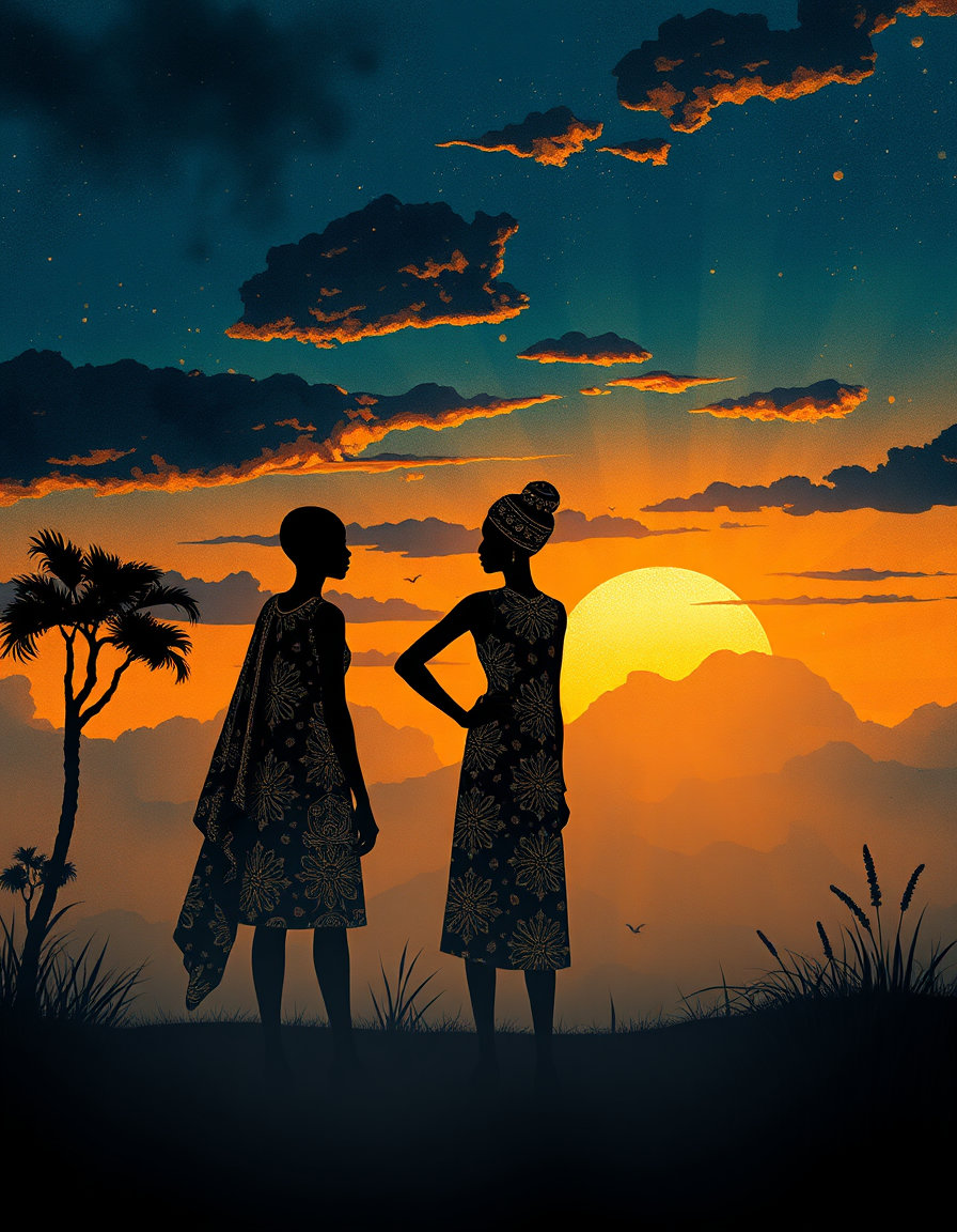 volumetric fog, overlapping iridescent palettes, fairytale line‑art, celestial ink wash, and crisp line‑art 3 dominate a scene of african silhouette figures patterned with intricate motifs. these figures stand against a moody sunset sky of deep lapis and warm gold, framed by a bauhaus geometric layout of flat vector shapes and sharp edges. soft drizzle and glistening dew lend a dreamy atmosphere, while lithograph‑ink texture meets translucent gouache layers and fine brushwork, echoing calligraphic floral ornament. the composition blends precise line‑art precision with a celestial, foggy ambience, preserving the original asymmetrical layout and rich color nuances.