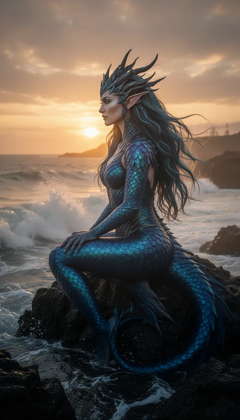 siren with iridescent blue scales, seated on dark coastal rock at sunset, golden hour backlighting, ocean waves crashing below, cinematic lighting, shallow depth of field, dark fantasy aesthetic, 85mm portrait, photorealistic texture, moody atmosphere, detailed scales, flowing hair, side profile, warm color palette, high contrast, dramatic shadows, hyper-detailed, fantasy creature design