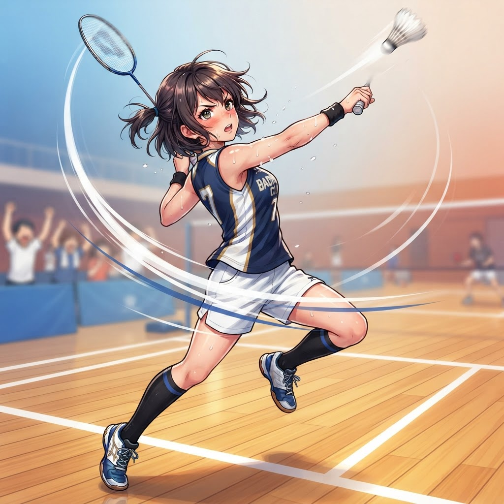 anime high school girl in a badminton club jersey mid swing, short hair, sweat and motion lines, bright gym floor, sports anime style, clean soft gradient studio background, vibrant, crisp high detail, digital illustration, no text, no words