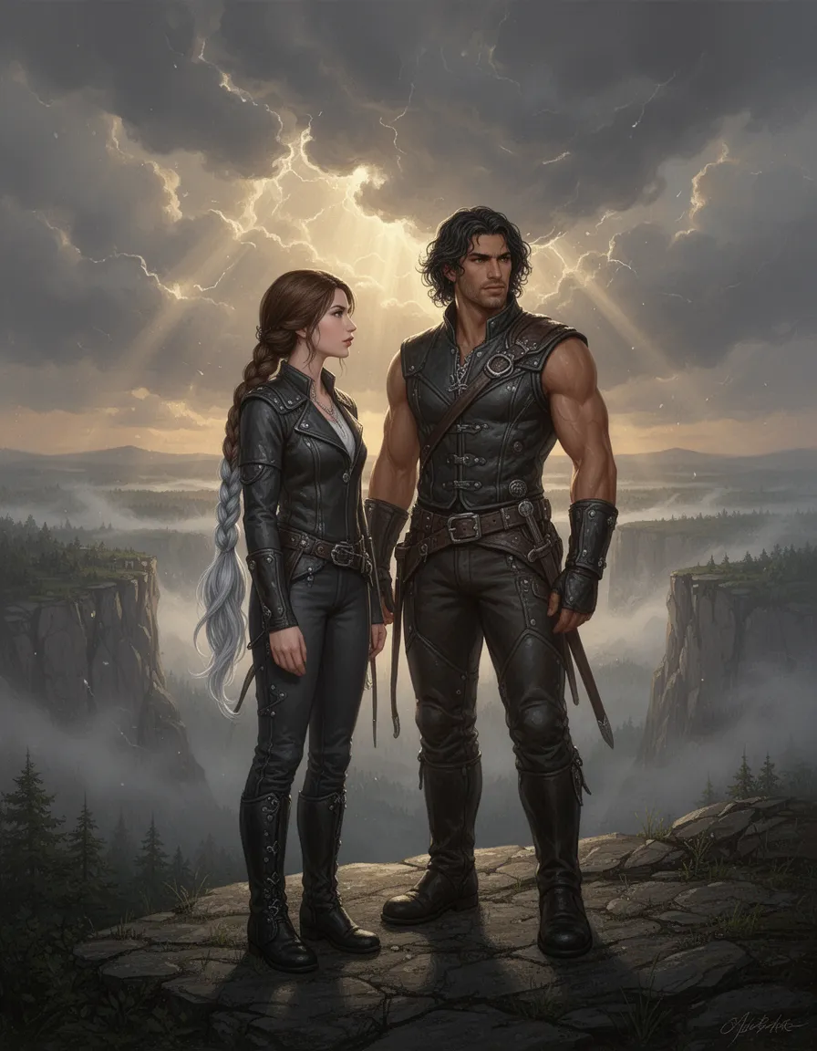 A young woman with brown hair fading to silver tips pulled into a french braid, and a tall muscular tawny-skinned man with wavy dark hair stand side by side on a cliff edge overlooking a vast misty landscape, both in riding leathers, shoulders almost touching. He is looking at her rather than at the view. She looks forward, unaware or choosing not to acknowledge it. The loyalty in his posture says everything his words already said. Warm golden light breaking through storm clouds behind them. Cinematic dark fantasy, wide romantic composition, hyper-detailed digital painting, same painterly style as previous images.