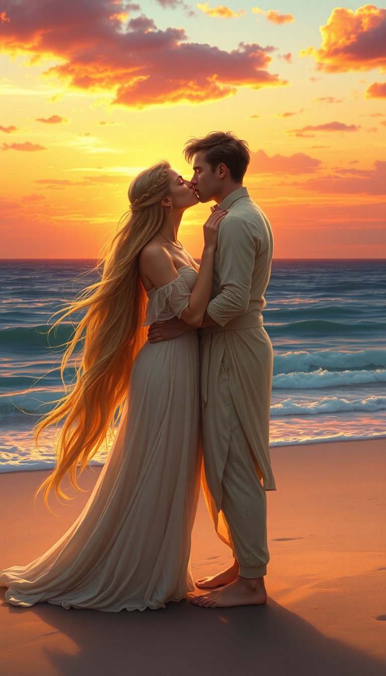 a serene mythic goddess, her long golden hair flowing like seaweed in the gentle ocean breeze, shares a tender kiss with her devoted admirer on a tranquil beach at sunset, where the sky is set aflame with hues of crimson and gold, as if the gods themselves had painted the canvas of the heavens, and the soft sand beneath their feet seems to shimmer with an ethereal glow, inviting the viewer to step into the dreamlike world of enchantment and magic, where the lines between reality and fantasy blur, and the air is alive with the whispers of ancient secrets, all rendered in exquisite detail with the precision and wonder of a masterfully crafted digital illustration.