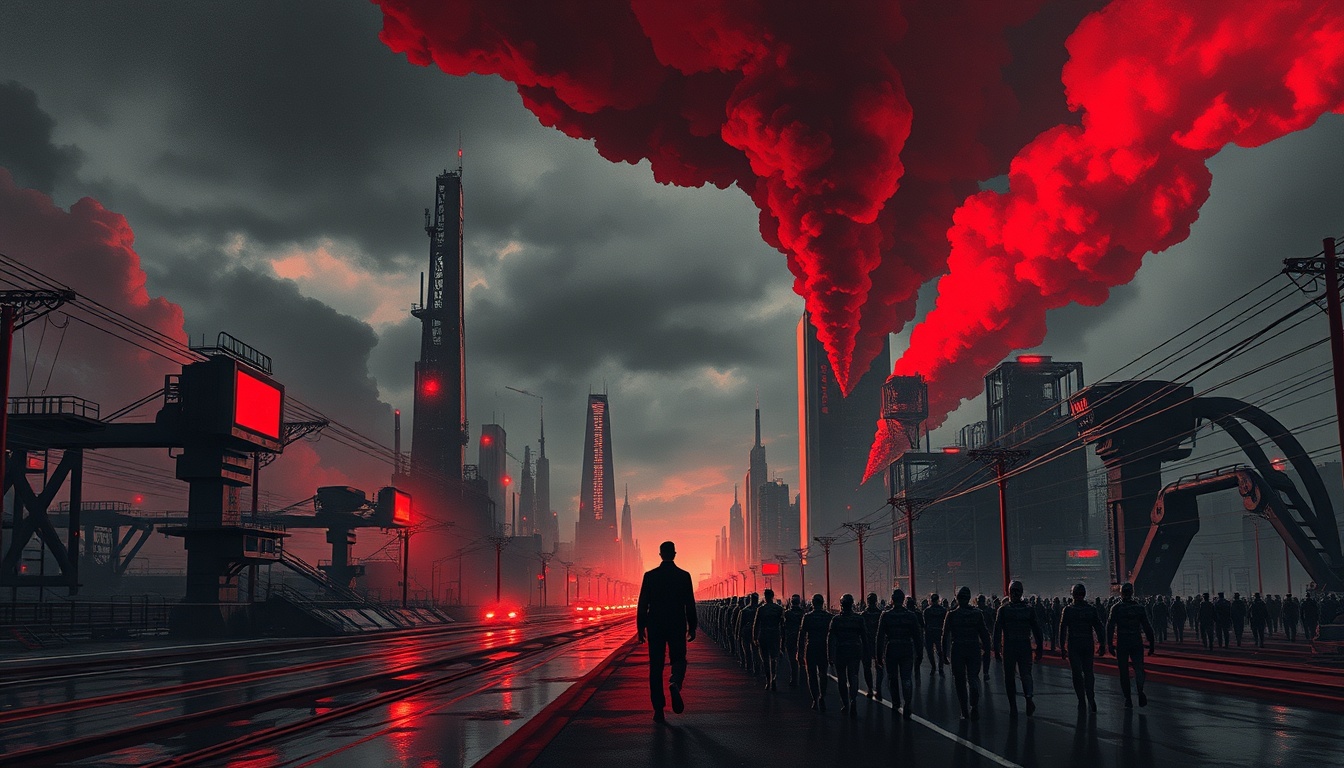 Soviet propaganda poster style, dystopian futuristic city under a dark grey polluted sky, gigantic industrial megastructures and ruined skyscrapers, thick smoke and neon lights reflecting on wet streets, giant surveillance screens watching the population, cybernetic humans with implants and mechanical limbs marching like workers, enormous cables and machines dominating the landscape, a lone human figure looking toward the horizon where nature is dying, dramatic red and black color palette, harsh shadows, bold geometric composition, heroic yet oppressive atmosphere, vintage socialist realism propaganda poster, grainy texture, strong contrast, cinematic lighting, 1930s USSR poster style mixed with dystopian cyberpunk, highly detailed, epic scale