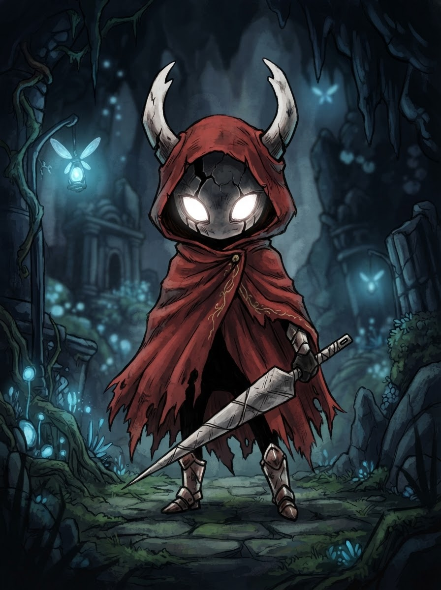 Vessel with cracked shell, hooded scarlet cloak, jeweled gaze, sword nail, in the style of Hollow Knight, hand-drawn gothic 2D art, muted blues and blacks with glowing white eyes, painterly hollow-shell bug character, full-body character portrait, centered, relaxed lively stance
