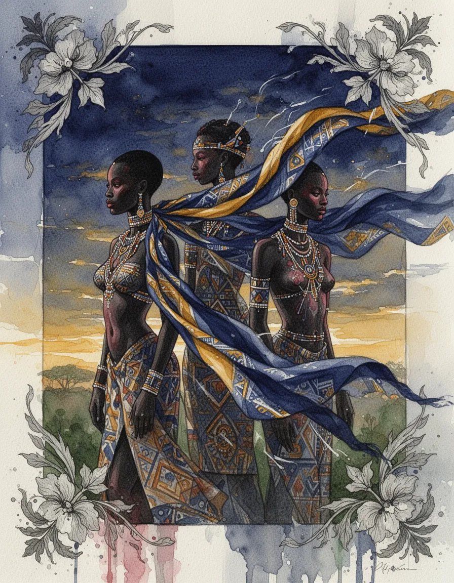 dutch masters detailed watercolor painting with soft focus, feathery brush strokes, wet blending and delicate texture, intense chiaroscuro and impasto brushstrokes, depicting african silhouettes adorned with intricate patterns and wearing a trailing silk scarf in vibrant indigo and ochre, its fabric whipped by dramatic wind and illuminated with dynamic lighting, rendered in a bauhaus geometric aesthetic of flat vector shapes and sharp edges. the figures stand before a moody sunset sky, deep lapis and warm gold hues, with subtle rose‑tinged flesh and nuanced greens. lithograph‑ink texture hints beneath the glazed layers, and calligraphic floral ornamentation frames the asymmetrical composition.