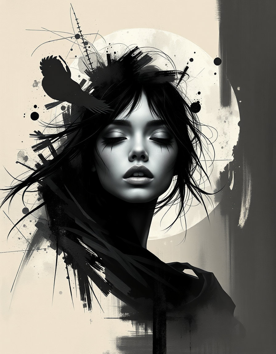 centrefold style centrefold composition with over‑the‑shoulder framing, digital painting mixed‑media collage, smooth digital airbrushing on a high‑gloss surface, layered compositing, semi‑abstract background, clean line work in a monochromatic palette of deep black, charcoal, slate gray, stark white accents and muted sepia‑beige, high‑key contrast, extreme chiaroscuro softened by atmospheric haze, contemporary digital surrealism infused with neo‑expressionist influence, rendered in a hyper‑stylized ethereal symbolic aesthetic.