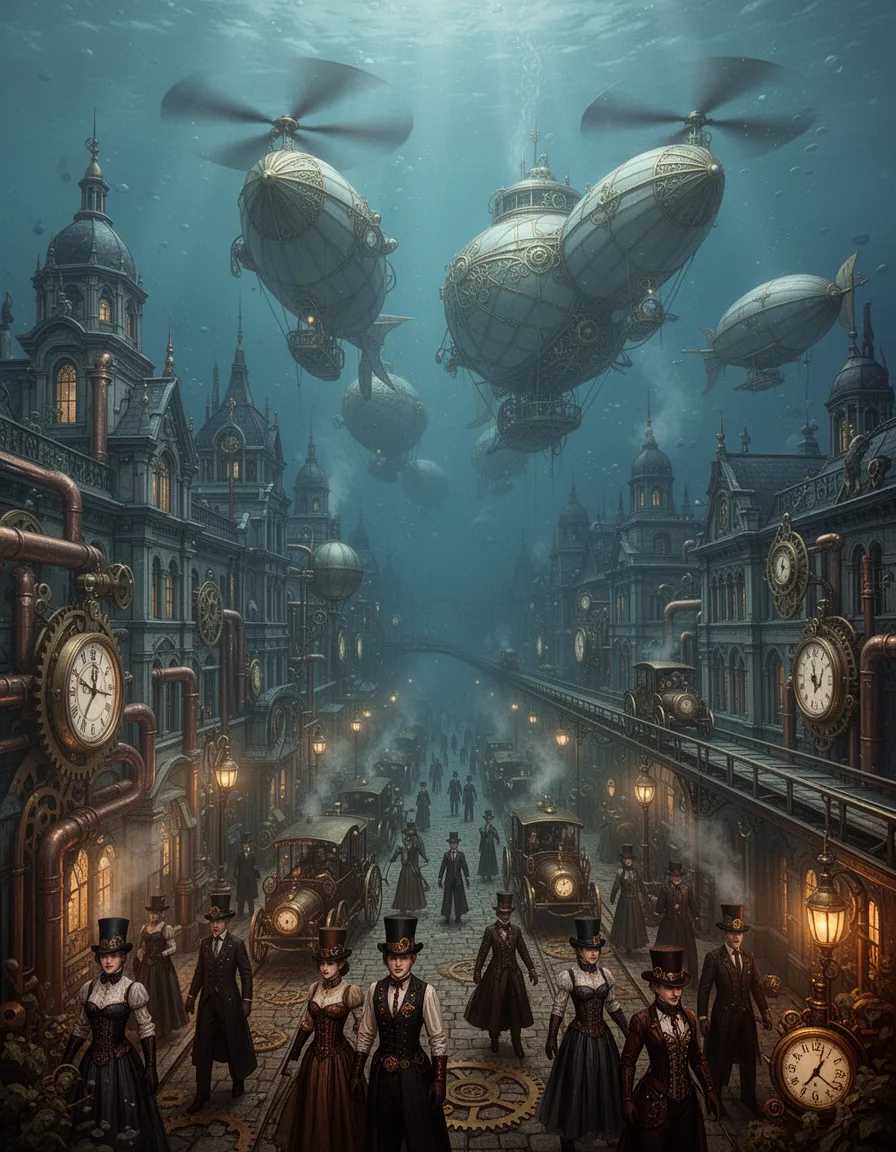 a sprawling, intricately designed victorian steampunk city unfolds beneath the dark, calm waters of an ancient ocean, its majestic architecture a testament to the ingenious fusion of 19th-century elegance and futuristic mechanical ingenuity. towering above the seafloor, the city's grandiose structures are crafted from an amalgamation of polished brass gears, copper pipes, and delicate leather textures, their intricate mechanisms pulsating with the gentle hiss of steam-powered machinery.
at the city's core, colossal blimp-like submarines emerge from the misty veil, their gilded surfaces glinting in the soft, ethereal light that filters down from above. these magnificent vessels, adorned with brass filigree and delicate clockwork mechanisms, hover majestically above the city, their massive rotors a-blur as they effortlessly navigate the currents of the ocean.
the city's streets are bustling with a diverse array of steampunk citizens, each attired in their finest attire, complete with intricately crafted top hats, ornate corsets, and stylish leather gloves. as they navigate the winding streets, they weave past an array of fantastical contraptions, including hissing steam-powered carriages, gravity-defying clockwork-powered monorails, and magnificent airships that soar through the city's skies like celestial beings.