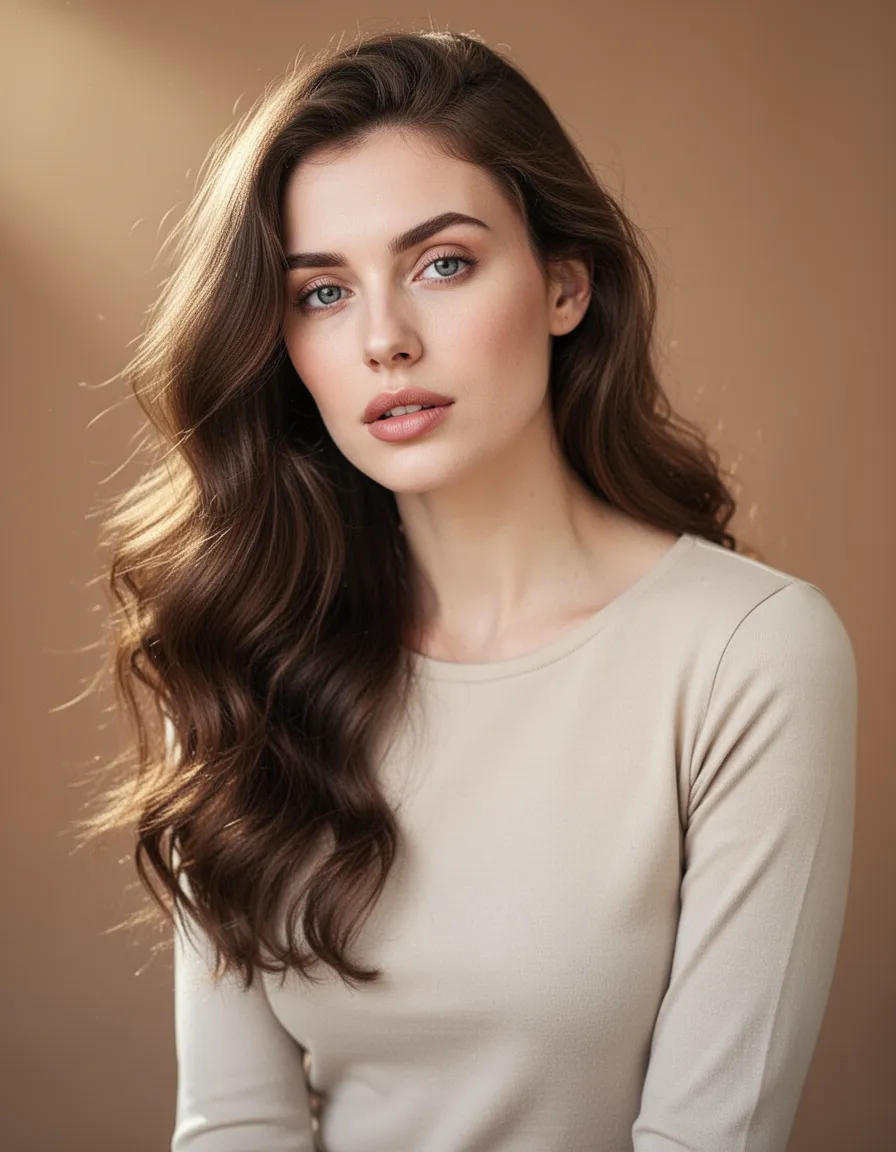 A beautiful woman, apparently Caucasian, with a slender build, is depicted in a full-length portrait. Her long, wavy, dark brown hair falls over her left shoulder and frames her face. She has fair skin, gray eyes, a small nose, and full lips with a soft, slightly parted expression. Her gaze is directed forward toward the viewer, with a soft, thoughtful look. She is wearing a round-necked top in a light, neutral color that reveals her chest. The subject is positioned in the center of the frame, with her body leaning slightly to the left, primarily facing forward. The composition is a close-up shot, focusing on her upper body and face, against a soft-focus background in a warm, light brown. The lighting is soft and appears to come from the upper left, creating subtle highlights on her face and hair, enhancing the soft, artistic atmosphere. The style is realistic with an artistic, almost ethereal quality, emphasizing her delicate features and flowing hair.