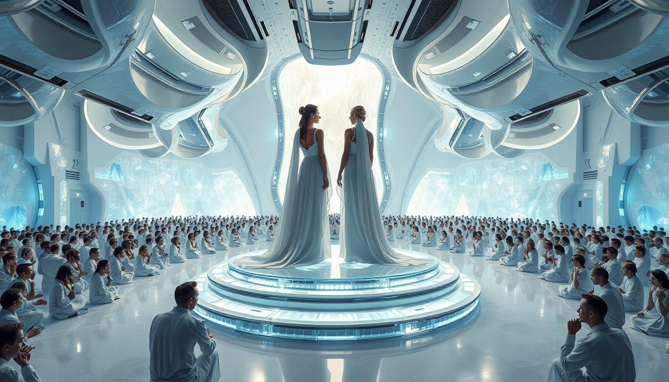 y3k hyperfuturism with sleek surgical whites, metallic greys and polished chrome accents, featuring aerodynamic organic shapes that appear to float gently. diffuse ambient lighting reminiscent of a high‑end laboratory or futuristic apple store, with subtle cyan‑blue and violet laser highlights casting soft glows across the scene. textures of liquid‑like polymer, frosted glass and flawless brushed metal create a pristine, ultra‑clean environment. in the center of a vast crystalline throne hall, two regal sisters stand untouched and composed on an elevated platform of shimmering crystal, their presence commanding reverence. around them, an immense urathian assembly kneels in awe, drawn by the sheer authority and elegance of the sisters without conflict. the sisters wear flowing, elegant gowns of luminous fabric that drape gracefully, highlighting their noble bearing and perfect poise. their skin glows with a creamy, silky sheen, and their figures exude timeless beauty and royal dignity. the atmosphere is serene yet powerful, capturing an absolute conquest of admiration and worship in a futuristic, crystal‑filled sanctuary.